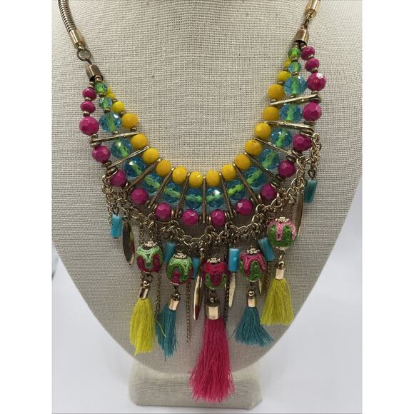 Ethnic Boho Bead Fabric Statement Necklace Fringe Tassel Earrings Gold Tone - Picture 7 of 10